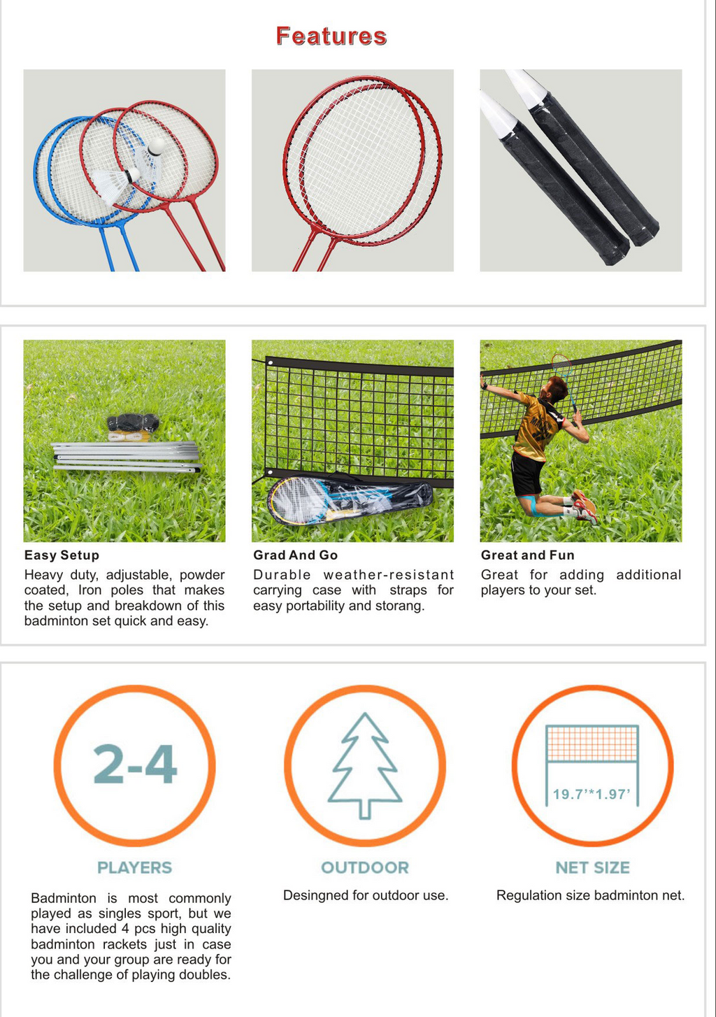 Professional Badminton Set 4 Player Racket Shuttlecock Poles Net Bag Garden Game